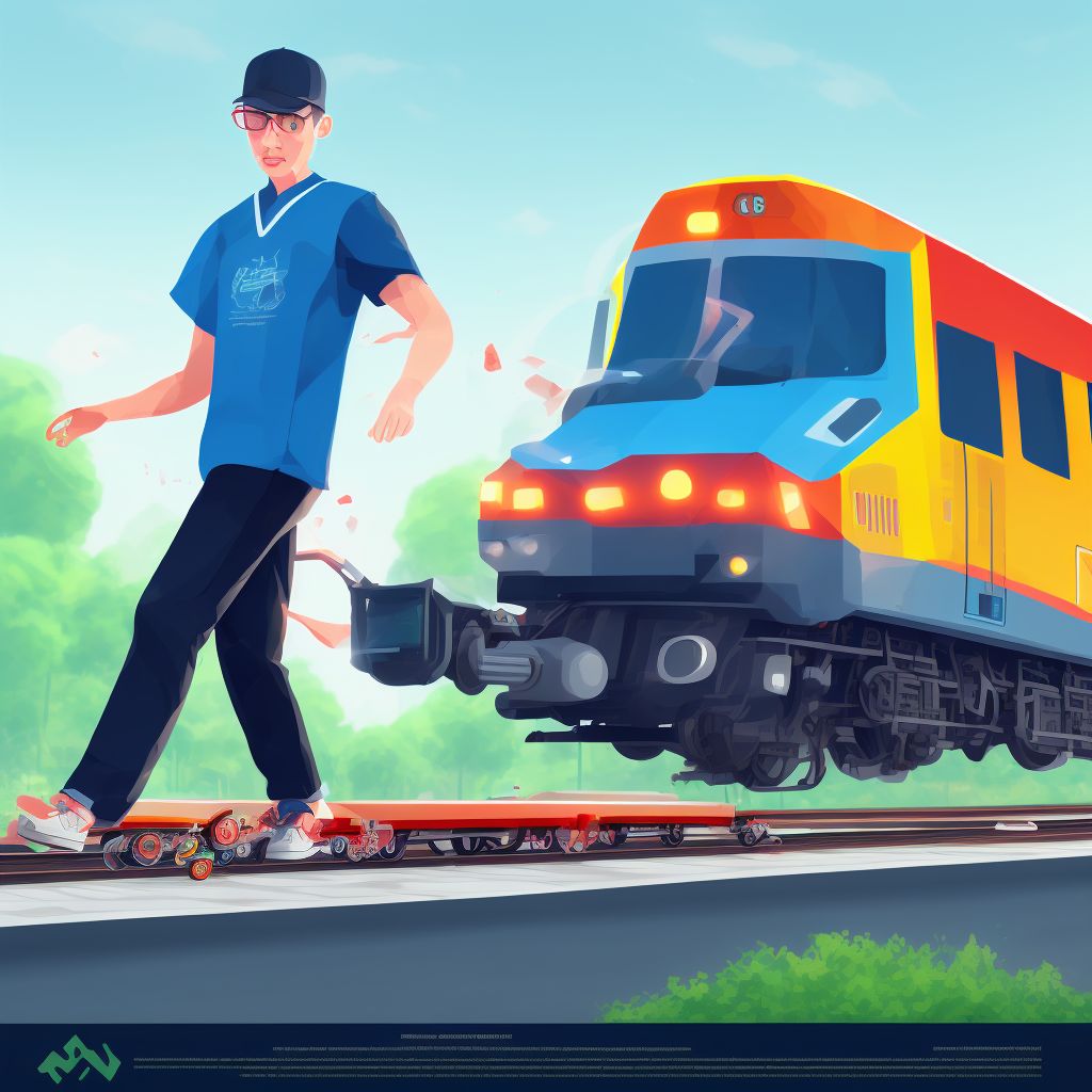 Pedestrian on skateboard injured in collision with railway train or railway vehicle in traffic accident, sequela digital illustration