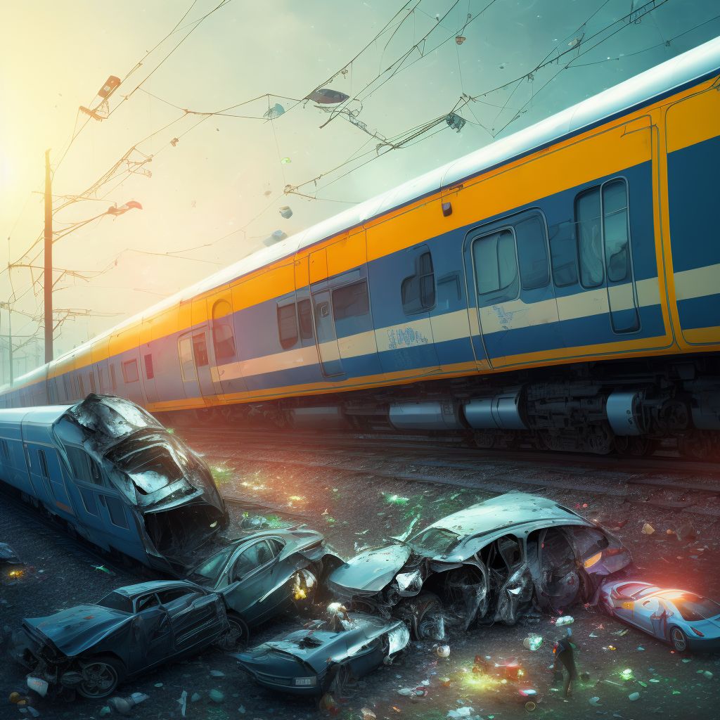 Pedestrian on other standing micro-mobility pedestrian conveyance injured in collision with railway train or railway vehicle in traffic accident, subsequent encounter digital illustration