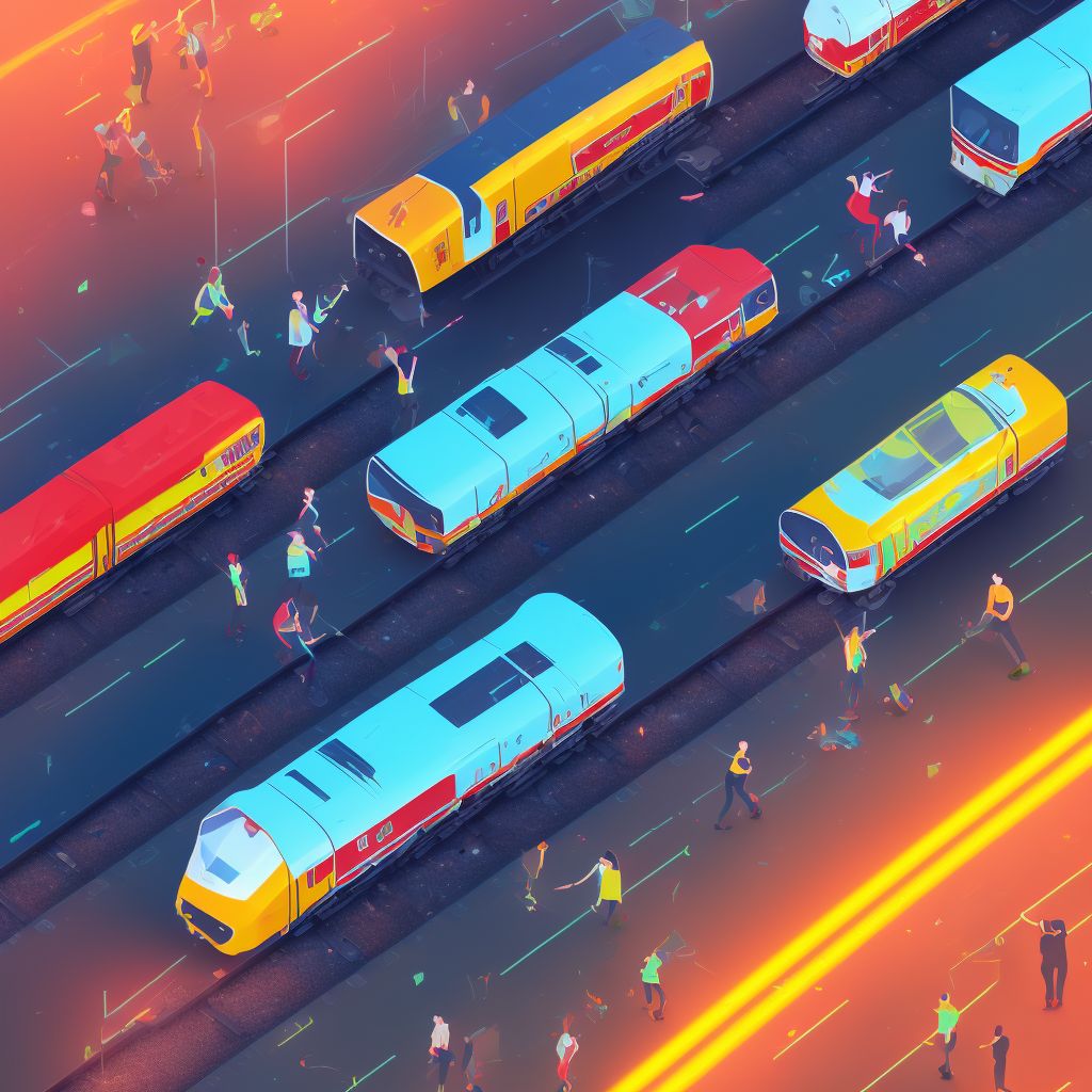 Pedestrian on roller-skates injured in collision with railway train or railway vehicle, unspecified whether traffic or nontraffic accident, sequela digital illustration