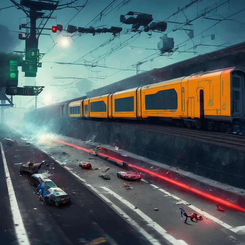 Pedestrian on skateboard injured in collision with railway train or railway vehicle, unspecified whether traffic or nontraffic accident, initial encounter digital illustration