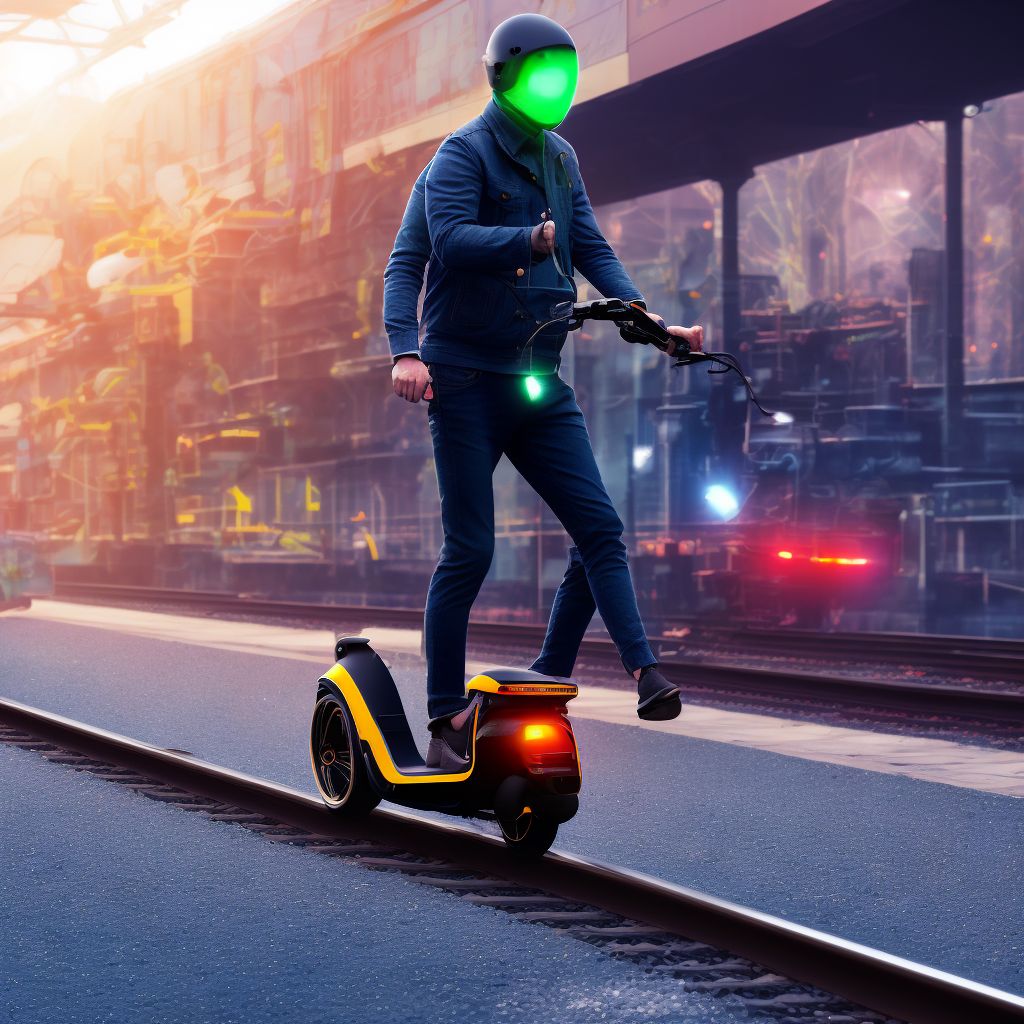 Pedestrian on standing electric scooter injured in collision with railway train or railway vehicle, unspecified whether traffic or nontraffic accident, subsequent encounter digital illustration