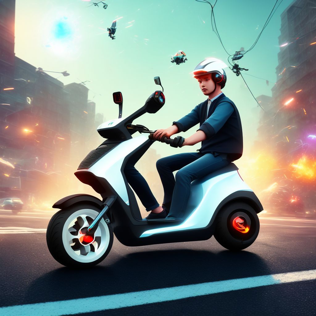 Pedestrian on standing electric scooter injured in collision with other nonmotor vehicle in traffic accident, initial encounter digital illustration