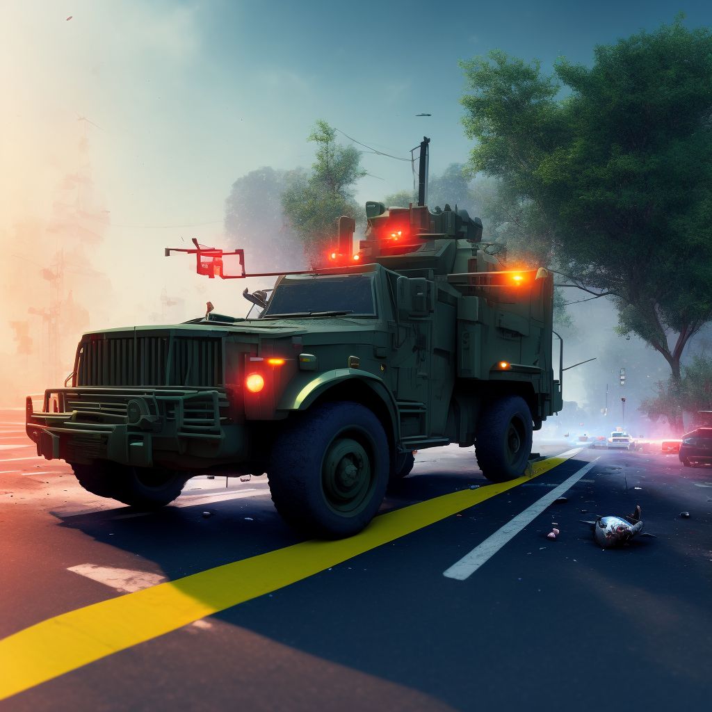 Pedestrian injured in nontraffic accident involving military vehicle, initial encounter digital illustration