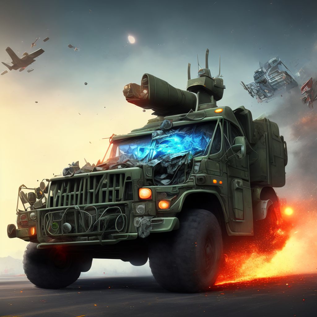 Pedestrian injured in nontraffic accident involving military vehicle, subsequent encounter digital illustration