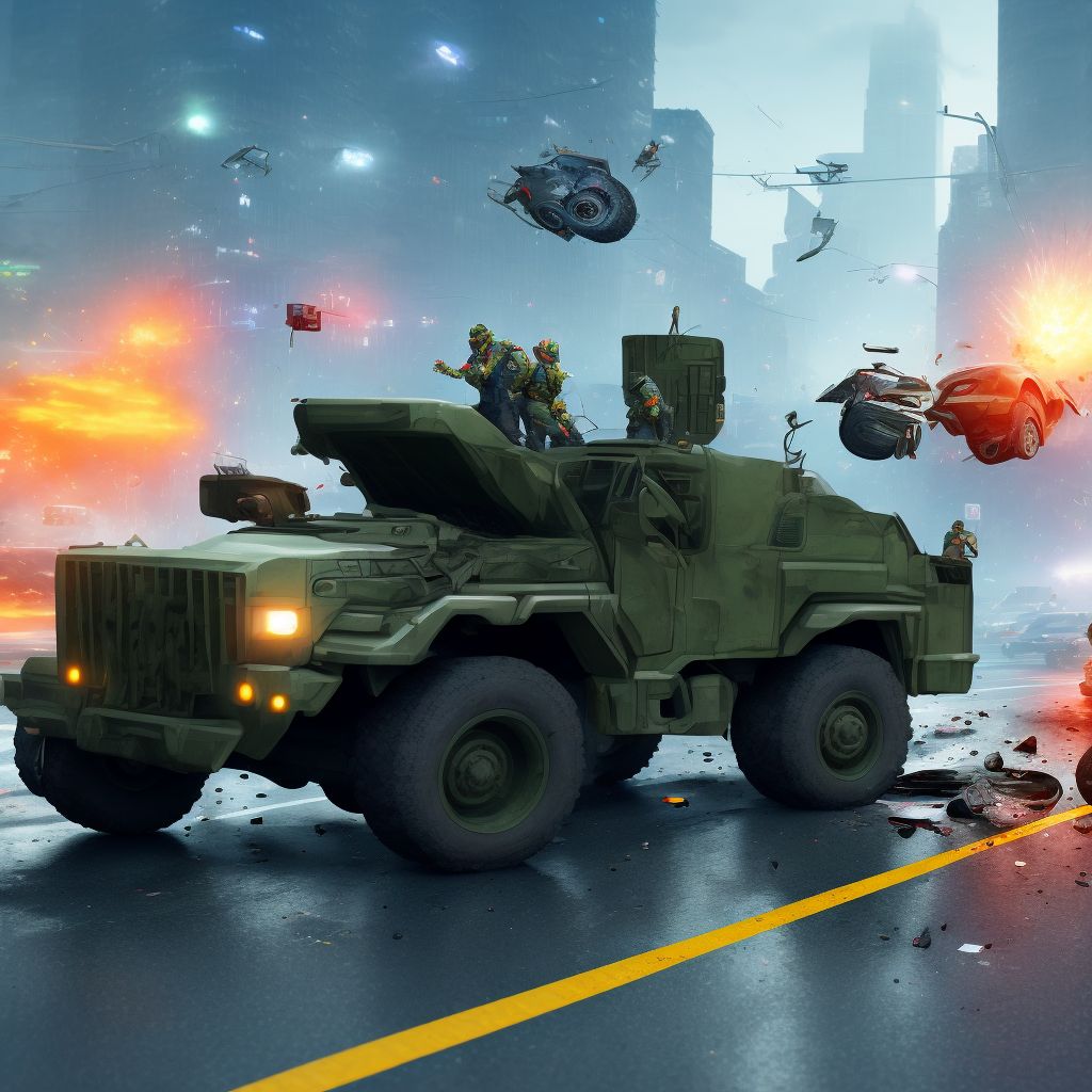 Pedestrian injured in traffic accident involving military vehicle, subsequent encounter digital illustration