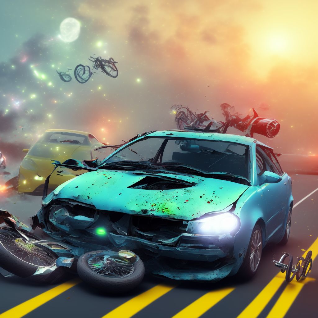 Pedal cycle passenger injured in collision with other pedal cycle in nontraffic accident, initial encounter digital illustration