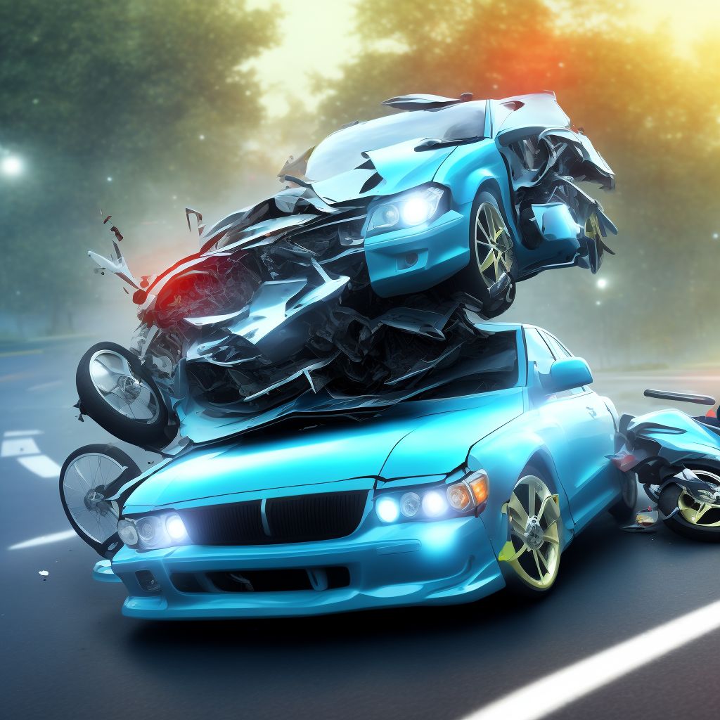 Pedal cycle passenger injured in collision with two- or three-wheeled motor vehicle in traffic accident, initial encounter digital illustration