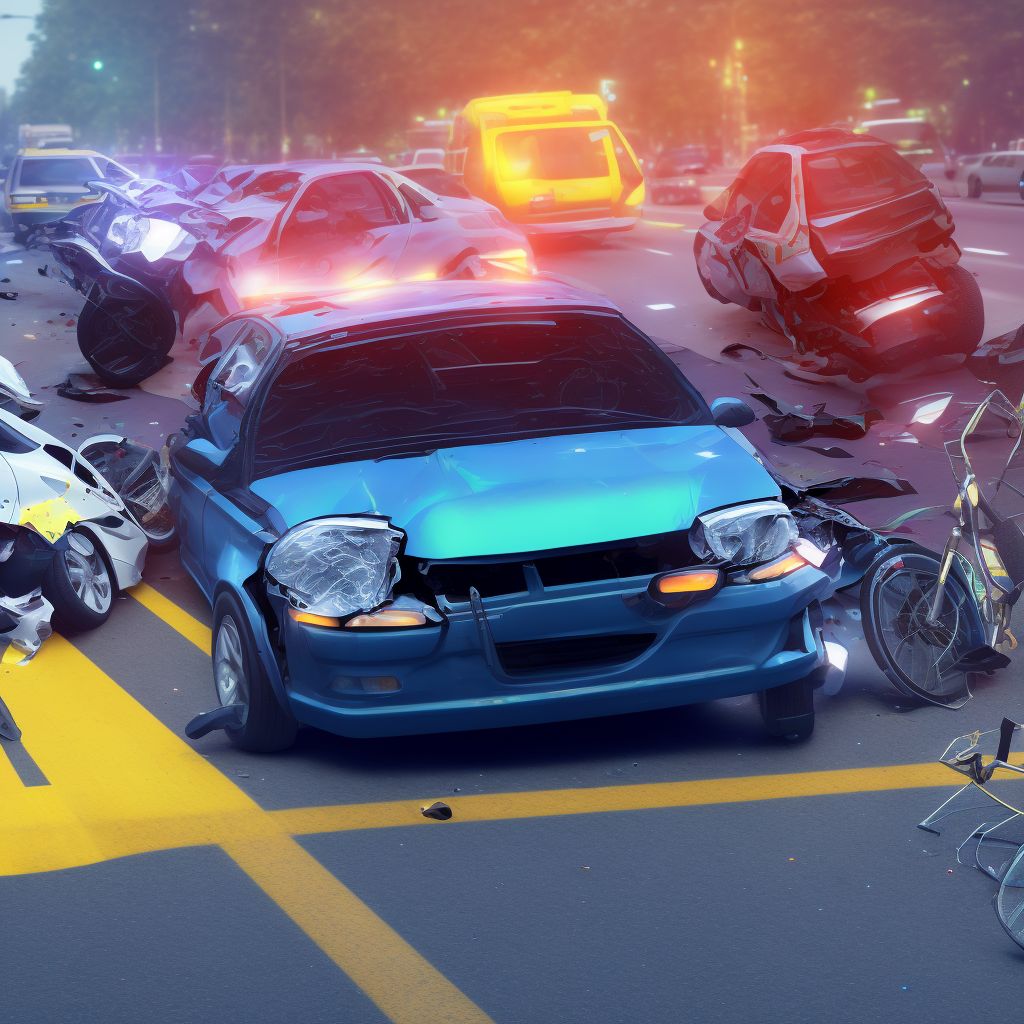 Pedal cycle passenger injured in collision with two- or three-wheeled motor vehicle in traffic accident, sequela digital illustration