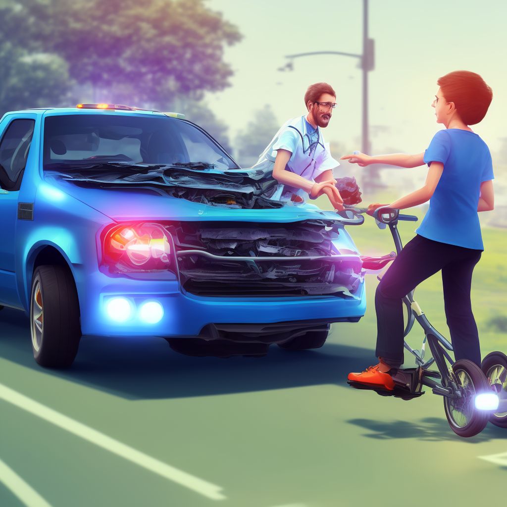 Person boarding or alighting a pedal cycle injured in collision with car, pick-up truck or van, initial encounter digital illustration