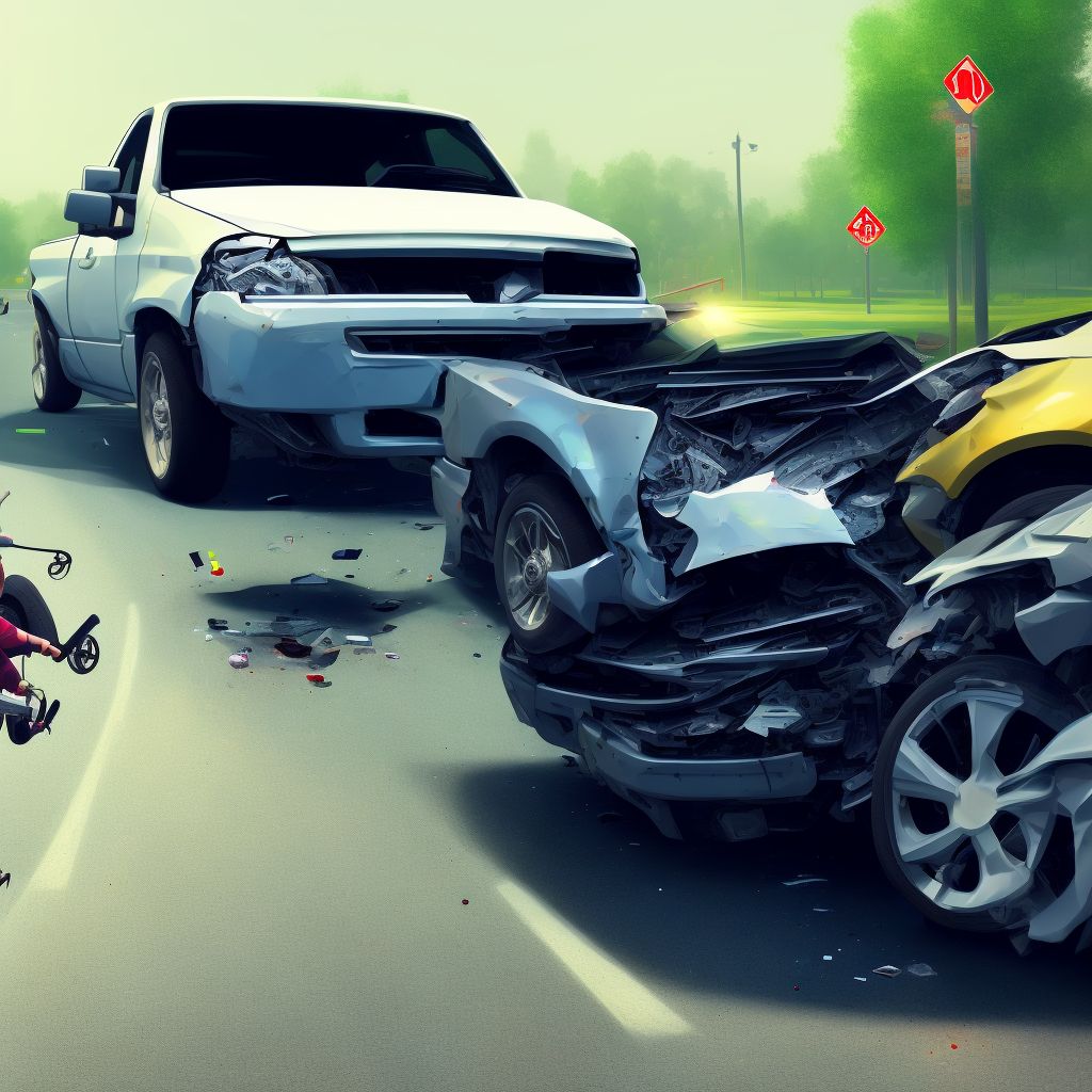 Pedal cycle driver injured in collision with car, pick-up truck or van in traffic accident, initial encounter digital illustration