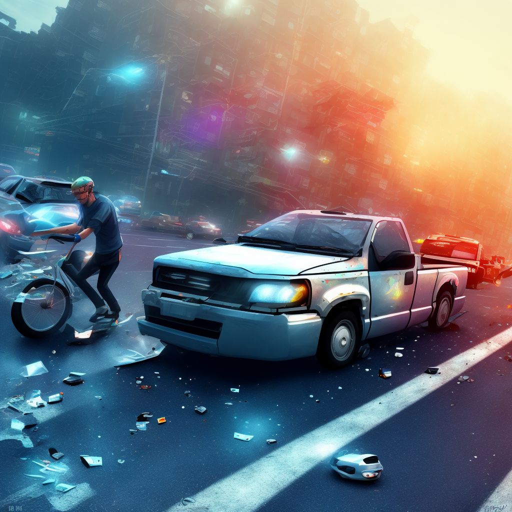 Pedal cycle passenger injured in collision with car, pick-up truck or van in traffic accident, initial encounter digital illustration