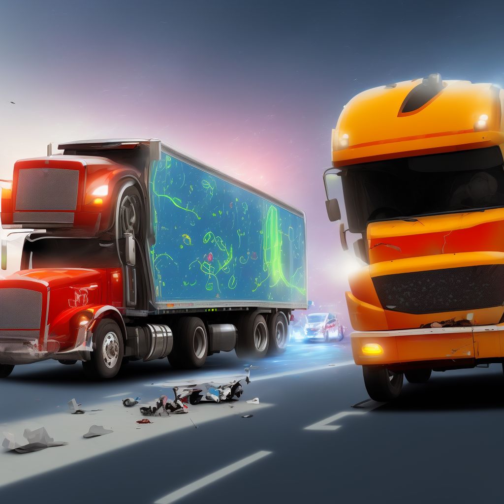 Pedal cycle driver injured in collision with heavy transport vehicle or bus in traffic accident, initial encounter digital illustration