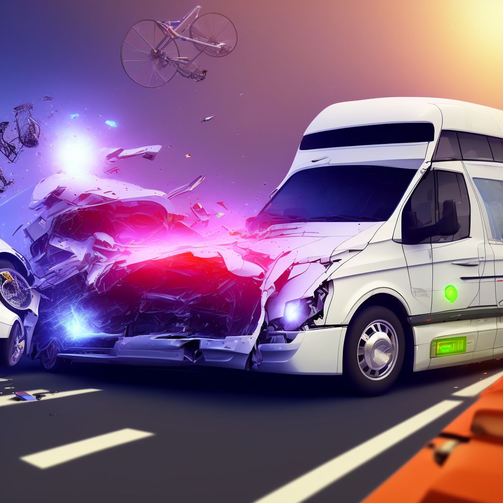 Pedal cycle passenger injured in collision with heavy transport vehicle or bus in traffic accident, initial encounter digital illustration