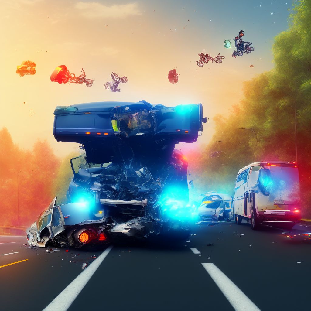 Pedal cycle passenger injured in collision with heavy transport vehicle or bus in traffic accident, subsequent encounter digital illustration