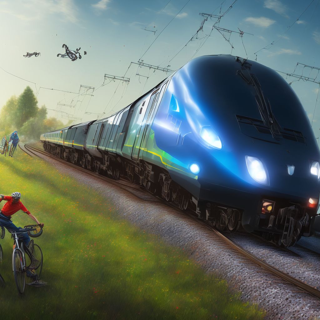 Unspecified pedal cyclist injured in collision with railway train or railway vehicle in nontraffic accident, initial encounter digital illustration