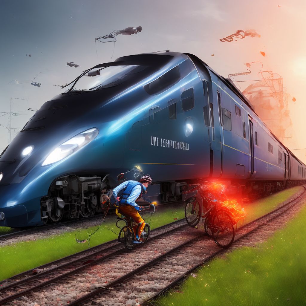 Unspecified pedal cyclist injured in collision with railway train or railway vehicle in traffic accident, initial encounter digital illustration