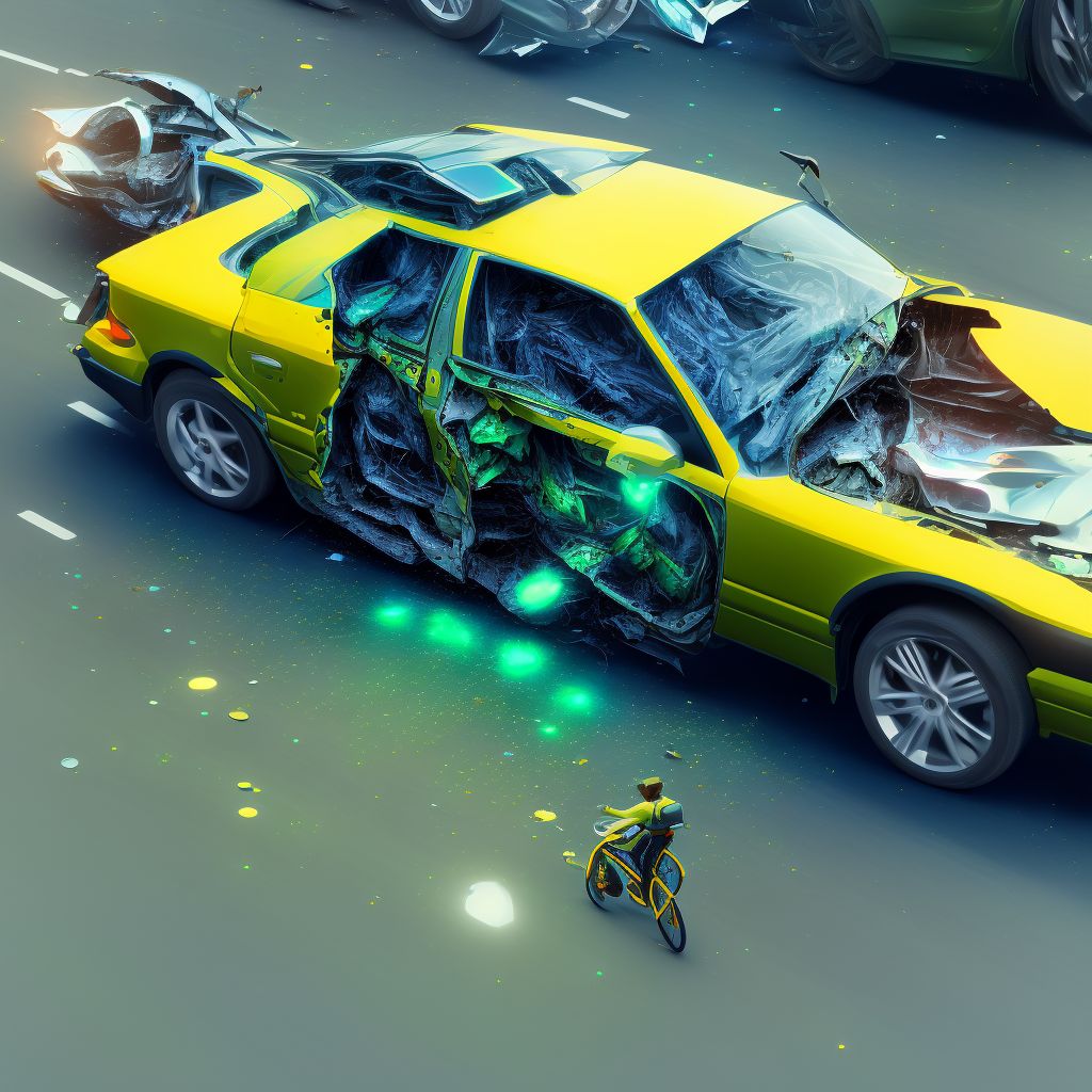 Pedal cycle passenger injured in collision with unspecified motor vehicles in nontraffic accident, initial encounter digital illustration