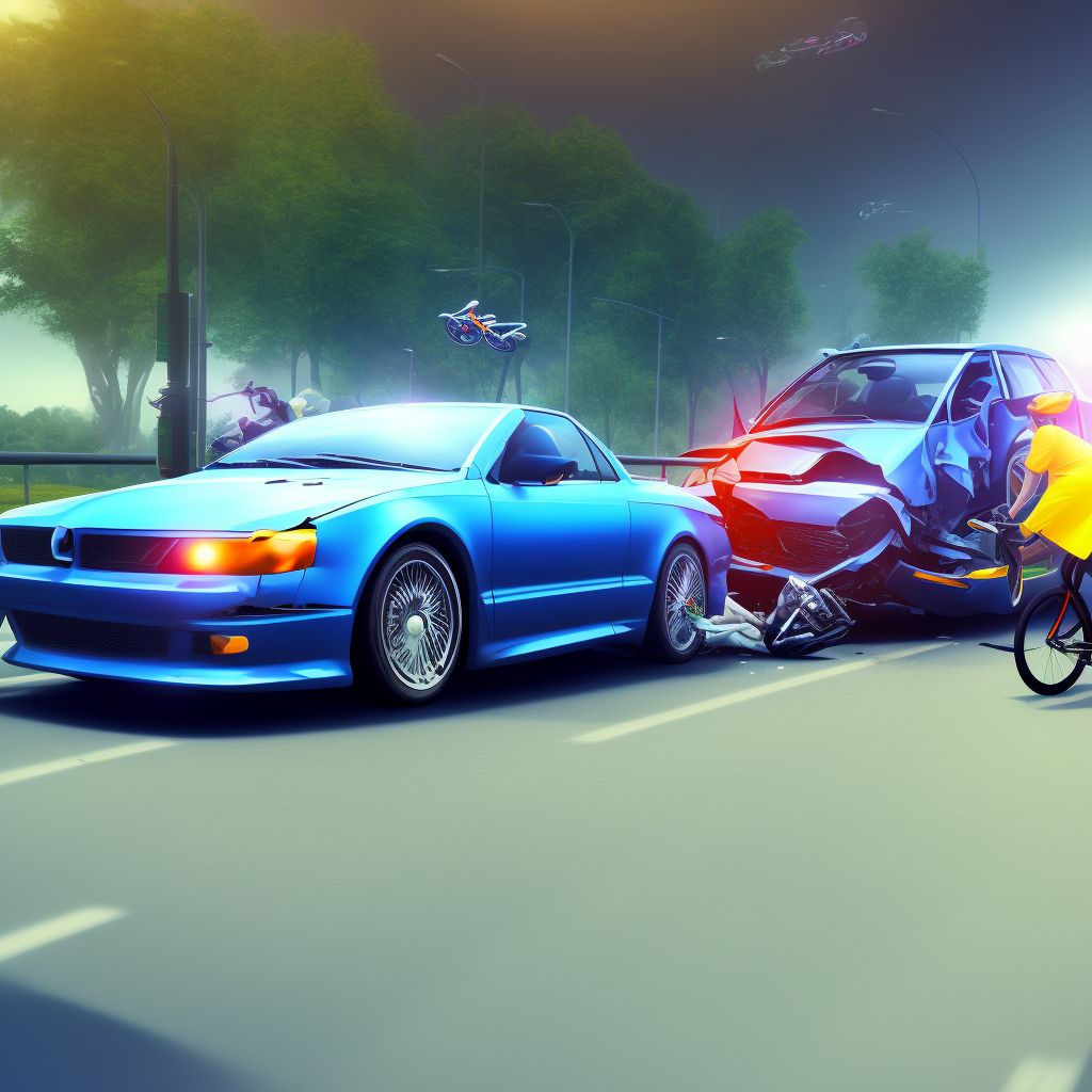 Pedal cycle driver injured in collision with unspecified motor vehicles in traffic accident, initial encounter digital illustration