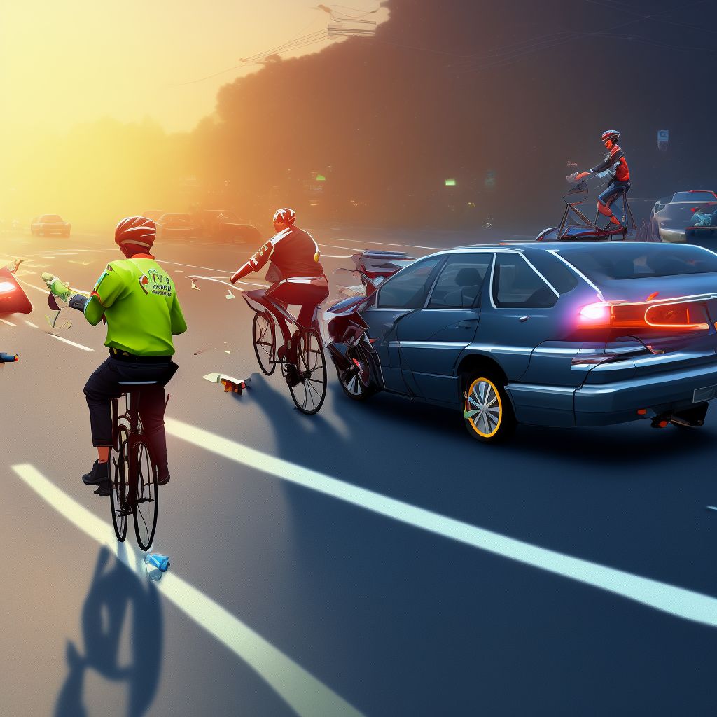 Pedal cycle driver injured in collision with other motor vehicles in traffic accident, sequela digital illustration