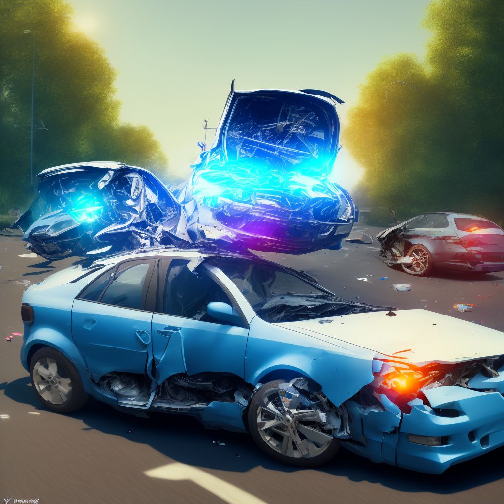 Pedal cycle passenger injured in collision with unspecified motor vehicles in traffic accident, initial encounter digital illustration