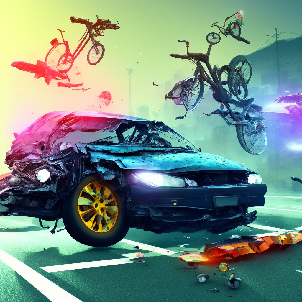 Pedal cycle passenger injured in collision with unspecified motor vehicles in traffic accident, sequela digital illustration