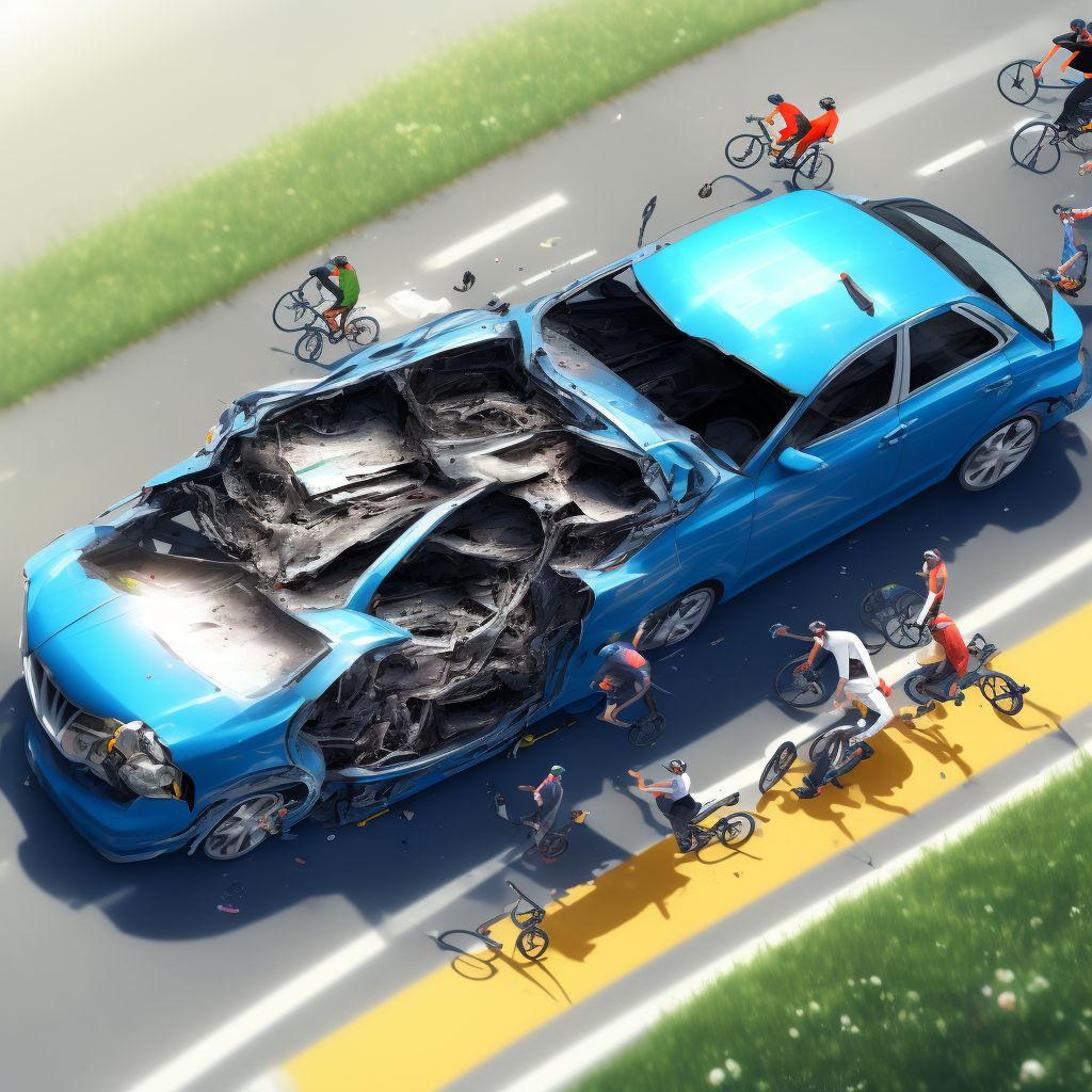 Unspecified pedal cyclist injured in collision with other motor vehicles in traffic accident, sequela digital illustration