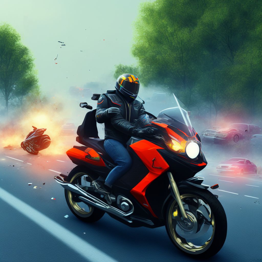 Other motorcycle passenger injured in collision with pedestrian or animal in traffic accident, initial encounter digital illustration