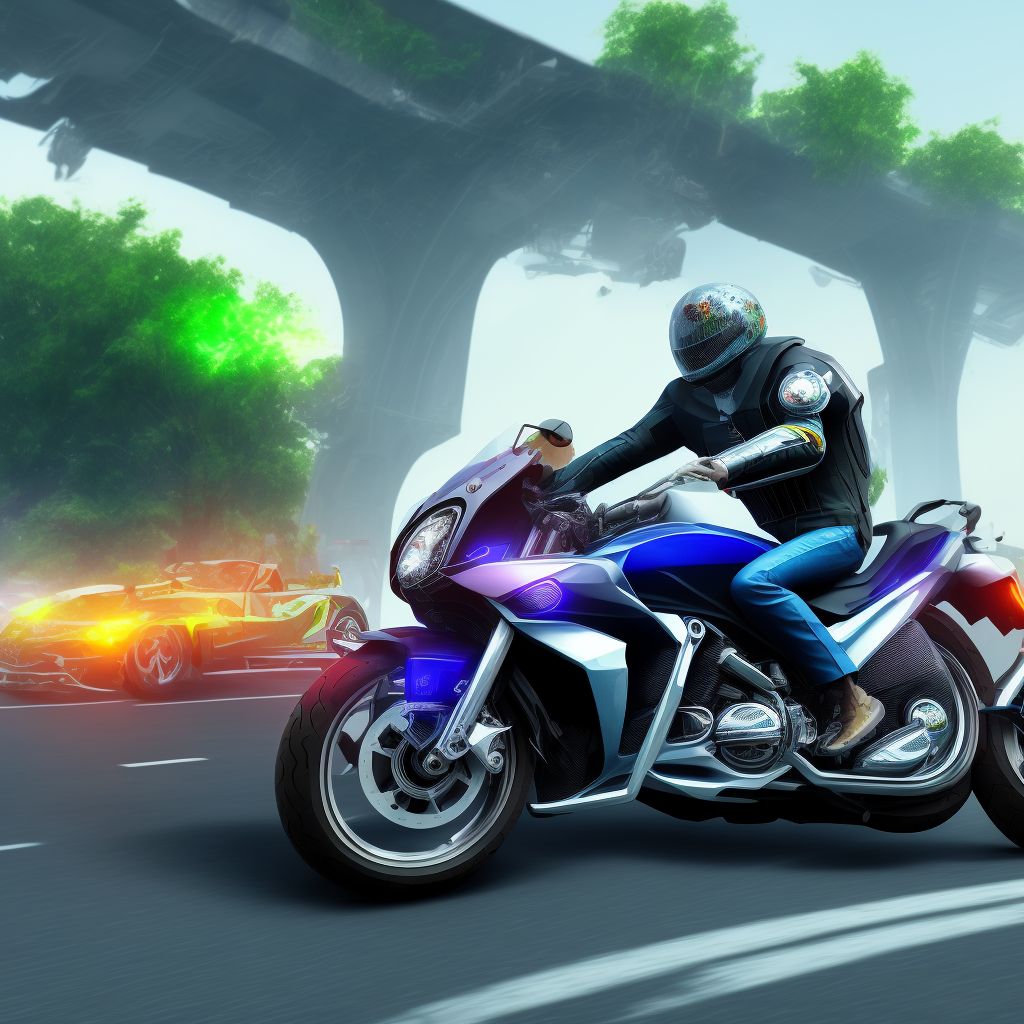 Motorcycle passenger injured in collision with pedestrian or animal in traffic accident, subsequent encounter digital illustration