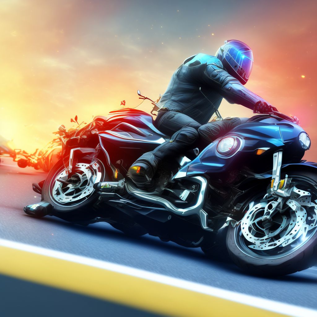 Motorcycle driver injured in collision with pedal cycle in nontraffic accident, subsequent encounter digital illustration