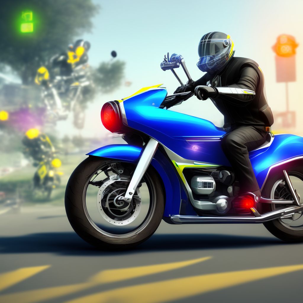 Motorcycle passenger injured in collision with pedal cycle in nontraffic accident, subsequent encounter digital illustration