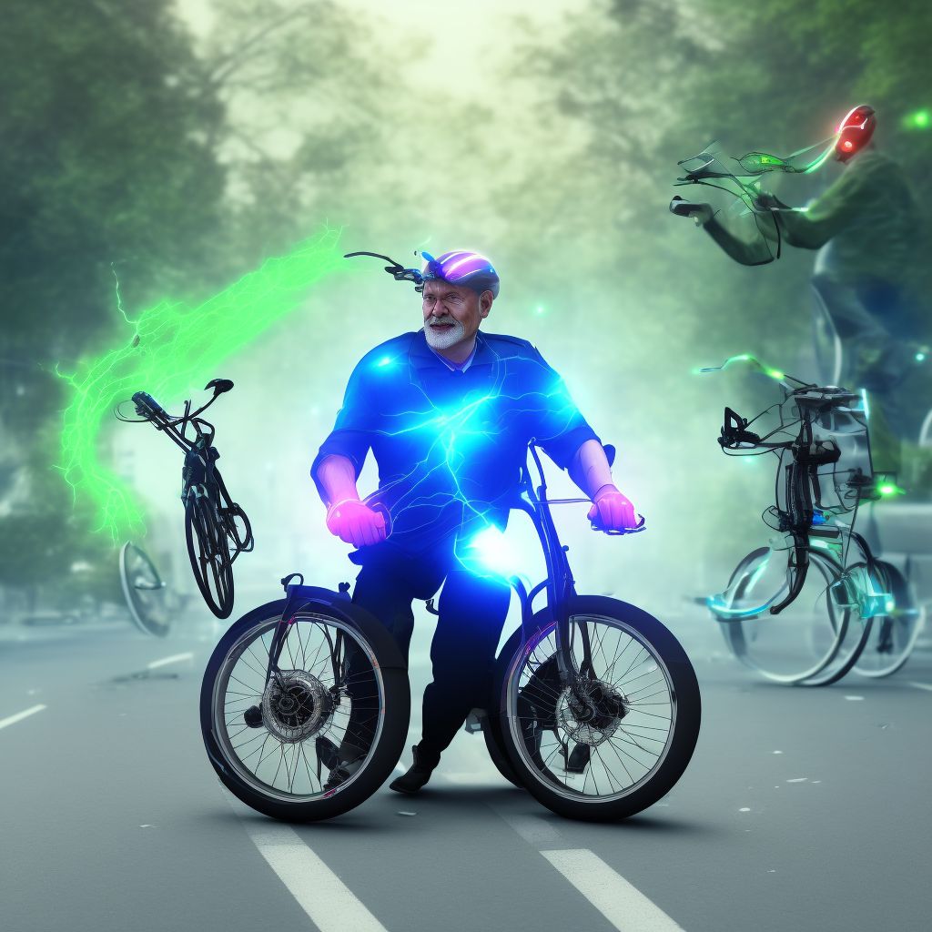 Electric (assisted) bicycle driver injured in collision with pedal cycle in traffic accident, initial encounter digital illustration