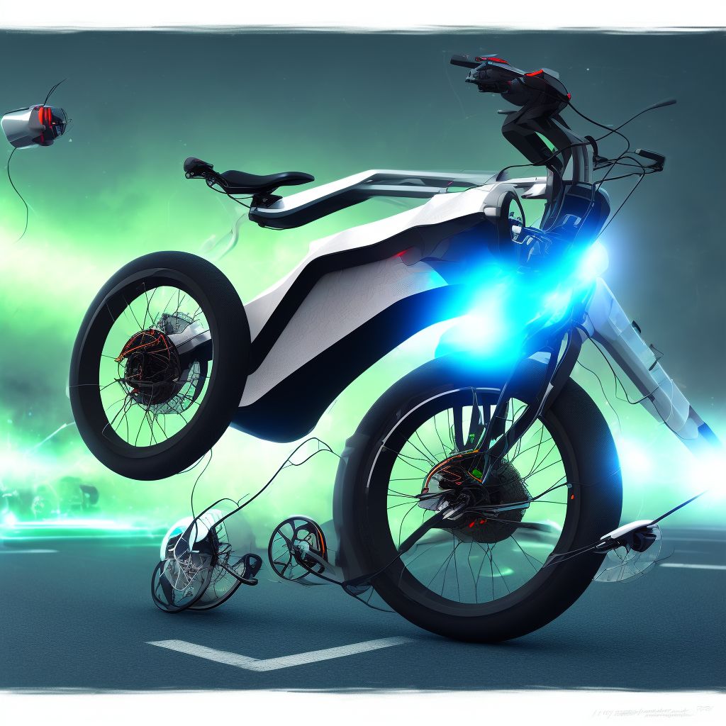 Electric (assisted) bicycle driver injured in collision with pedal cycle in traffic accident, subsequent encounter digital illustration