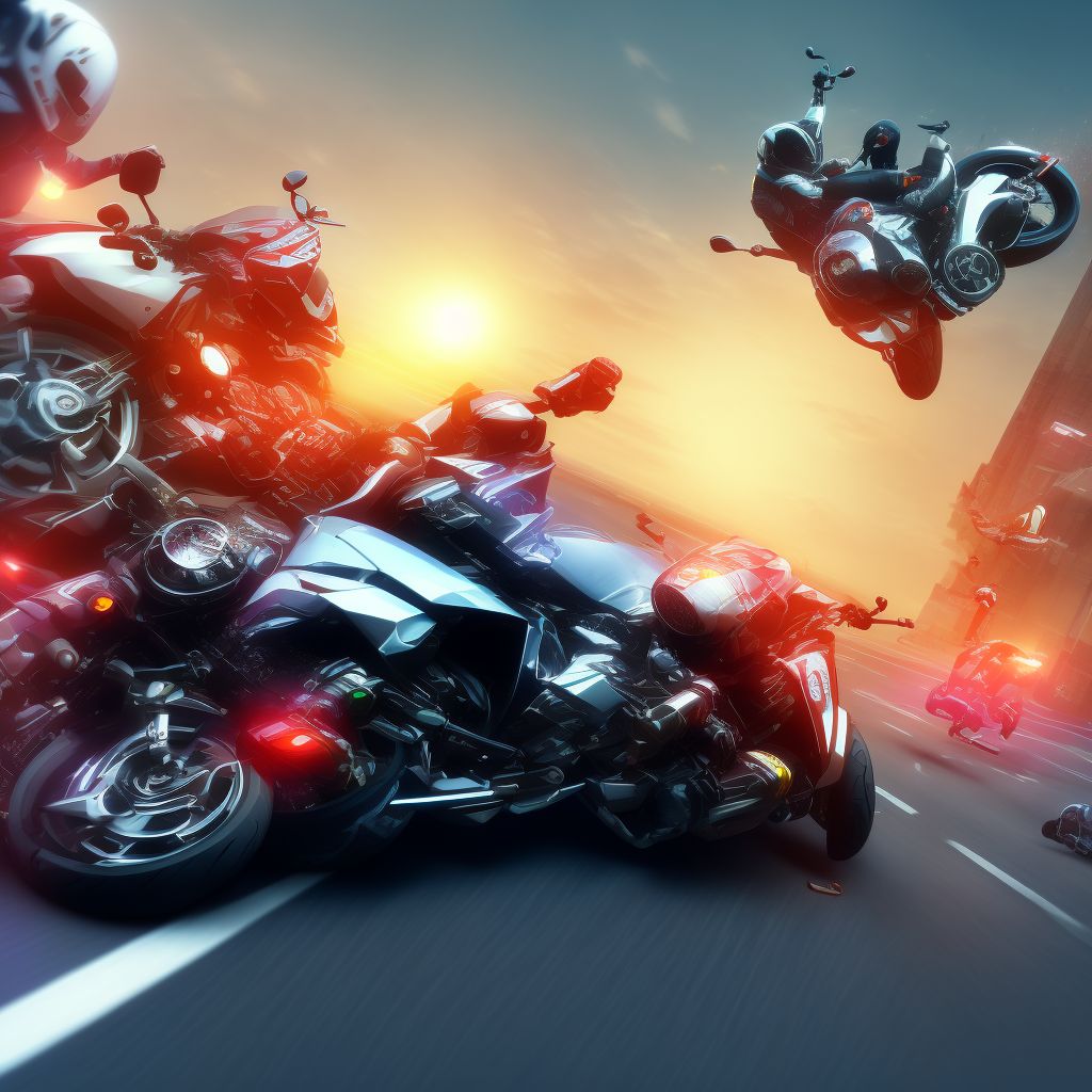 Other motorcycle driver injured in collision with pedal cycle in traffic accident, initial encounter digital illustration