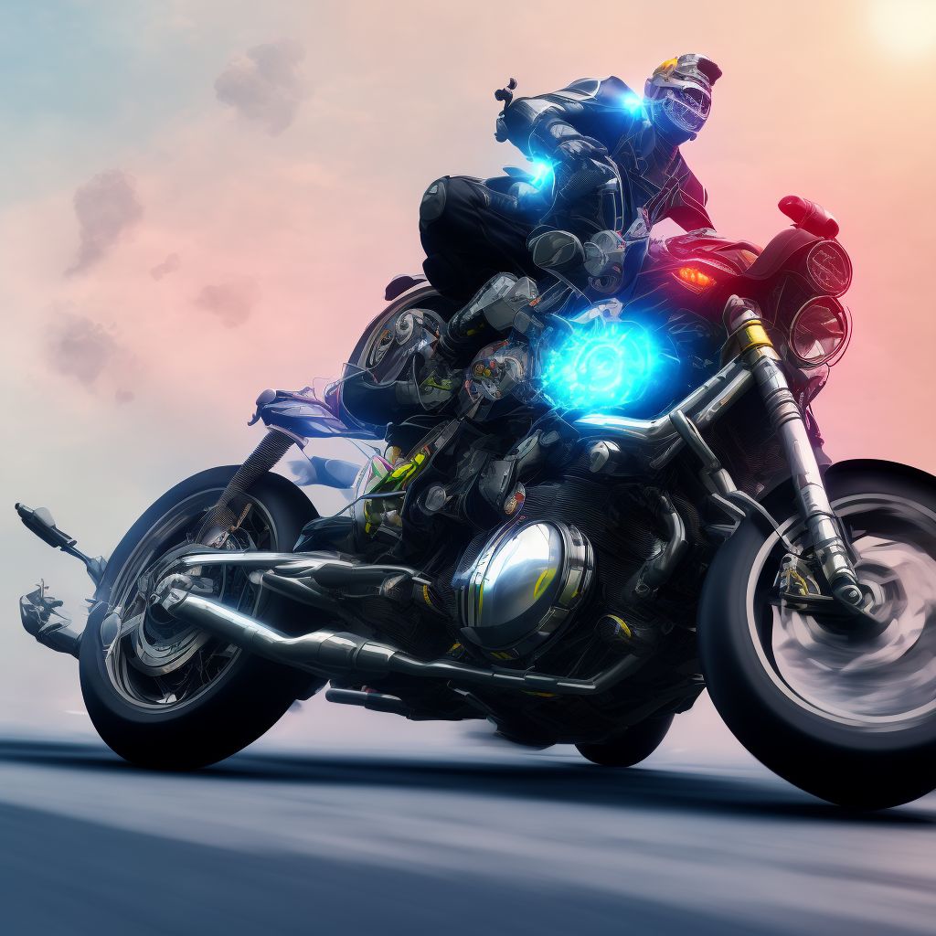 Motorcycle driver injured in collision with pedal cycle in traffic accident, subsequent encounter digital illustration