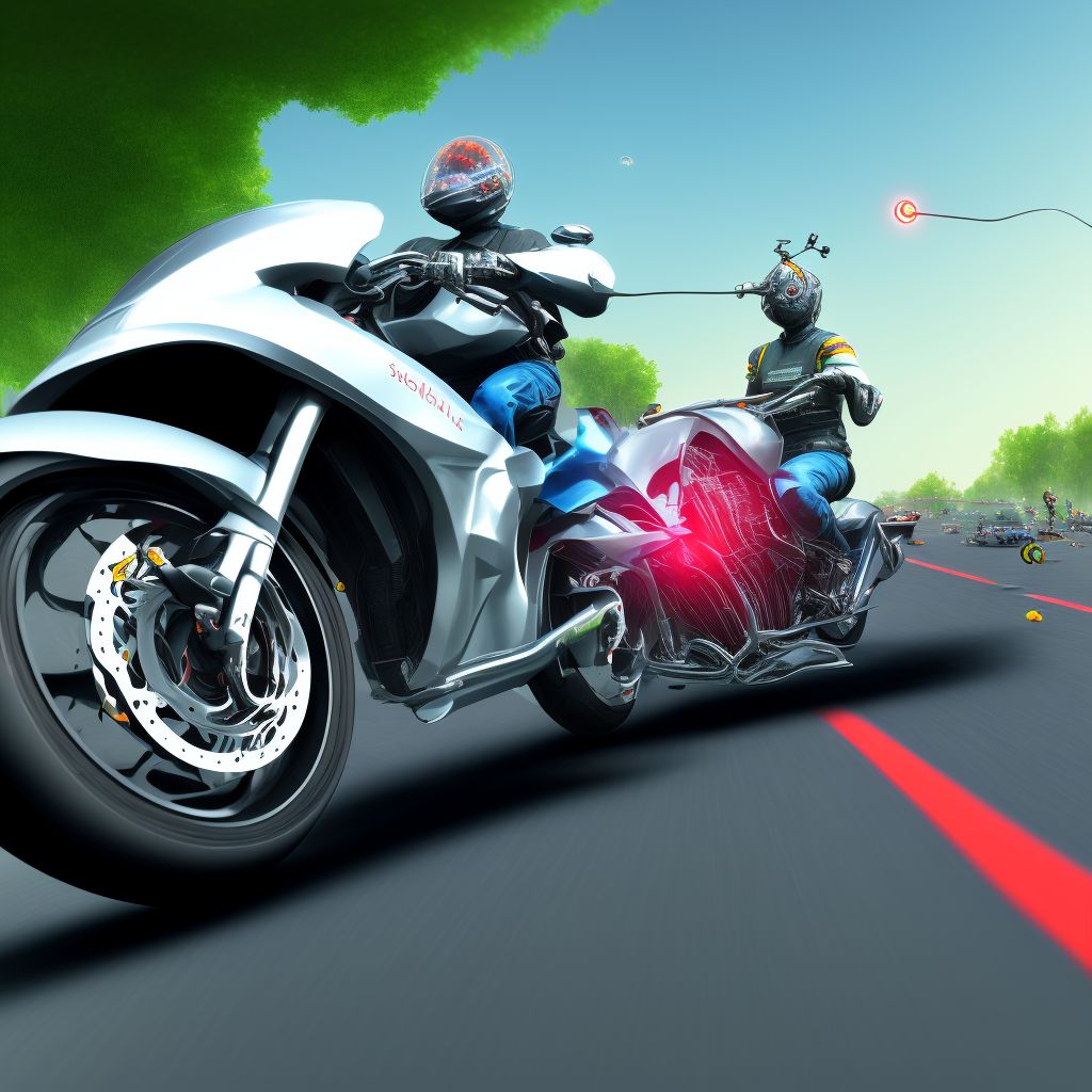 Motorcycle driver injured in collision with pedal cycle in traffic accident, sequela digital illustration