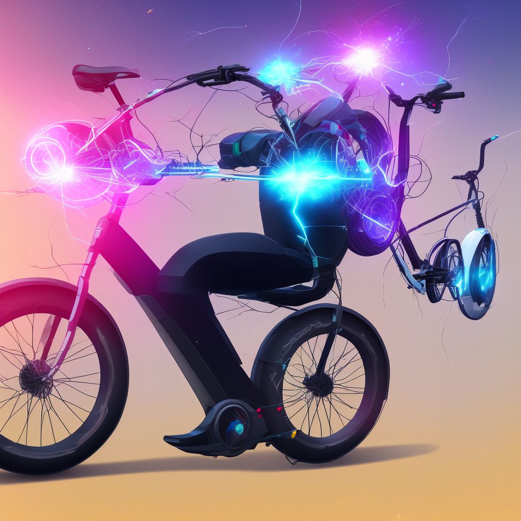 Electric (assisted) bicycle passenger injured in collision with pedal cycle in traffic accident, subsequent encounter digital illustration