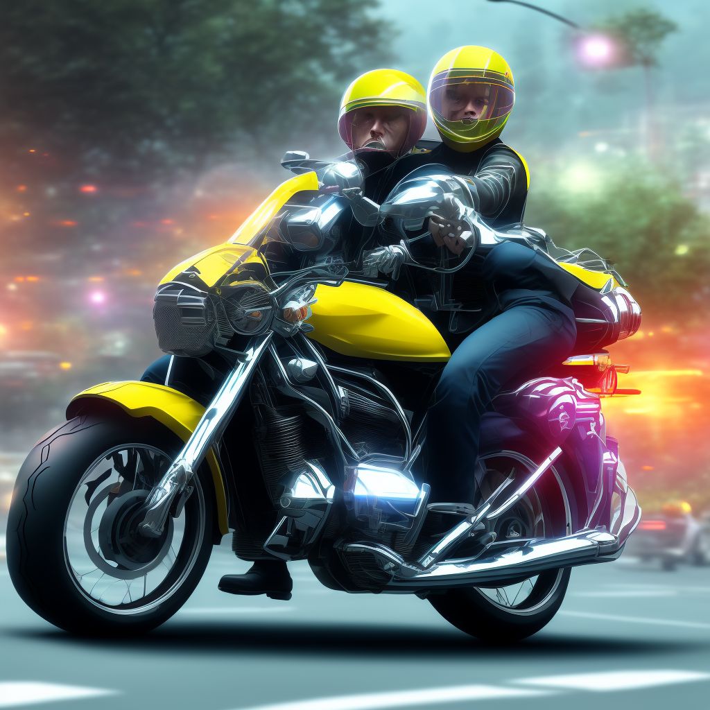 Motorcycle passenger injured in collision with pedal cycle in traffic accident, initial encounter digital illustration