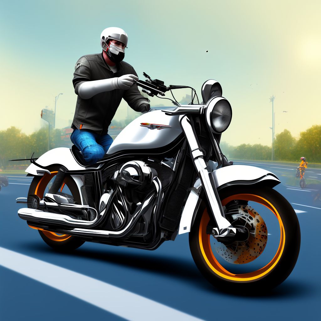 Motorcycle passenger injured in collision with pedal cycle in traffic accident, subsequent encounter digital illustration