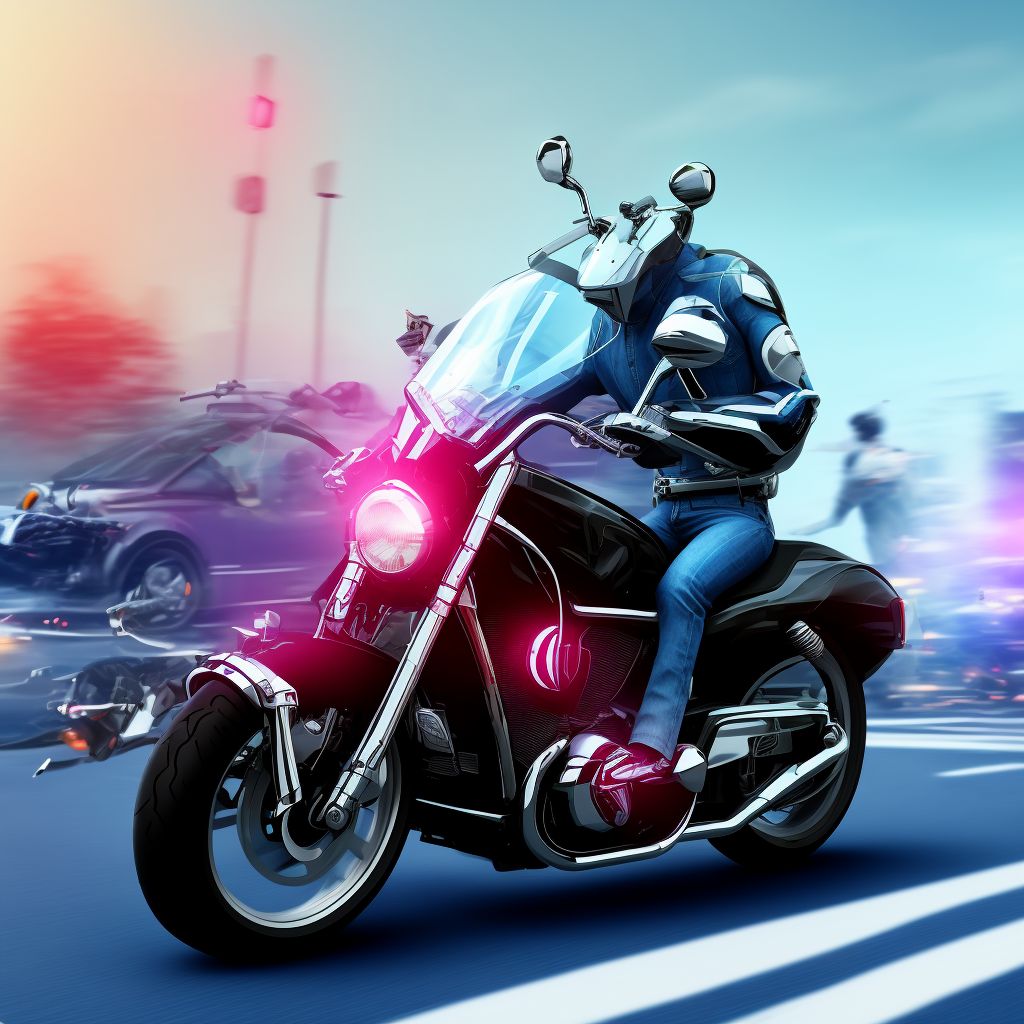 Motorcycle passenger injured in collision with pedal cycle in traffic accident, sequela digital illustration