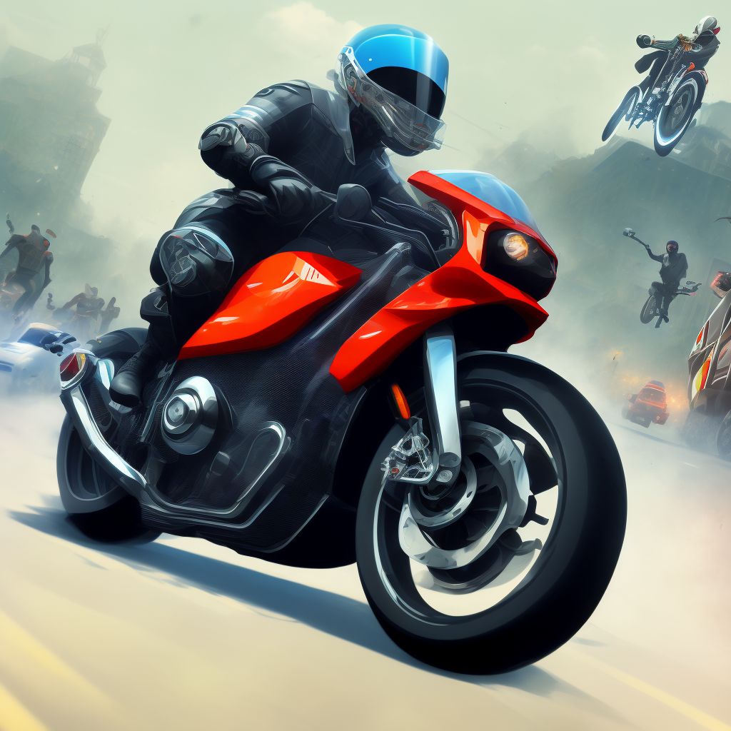 Unspecified motorcycle rider injured in collision with pedal cycle in traffic accident, sequela digital illustration