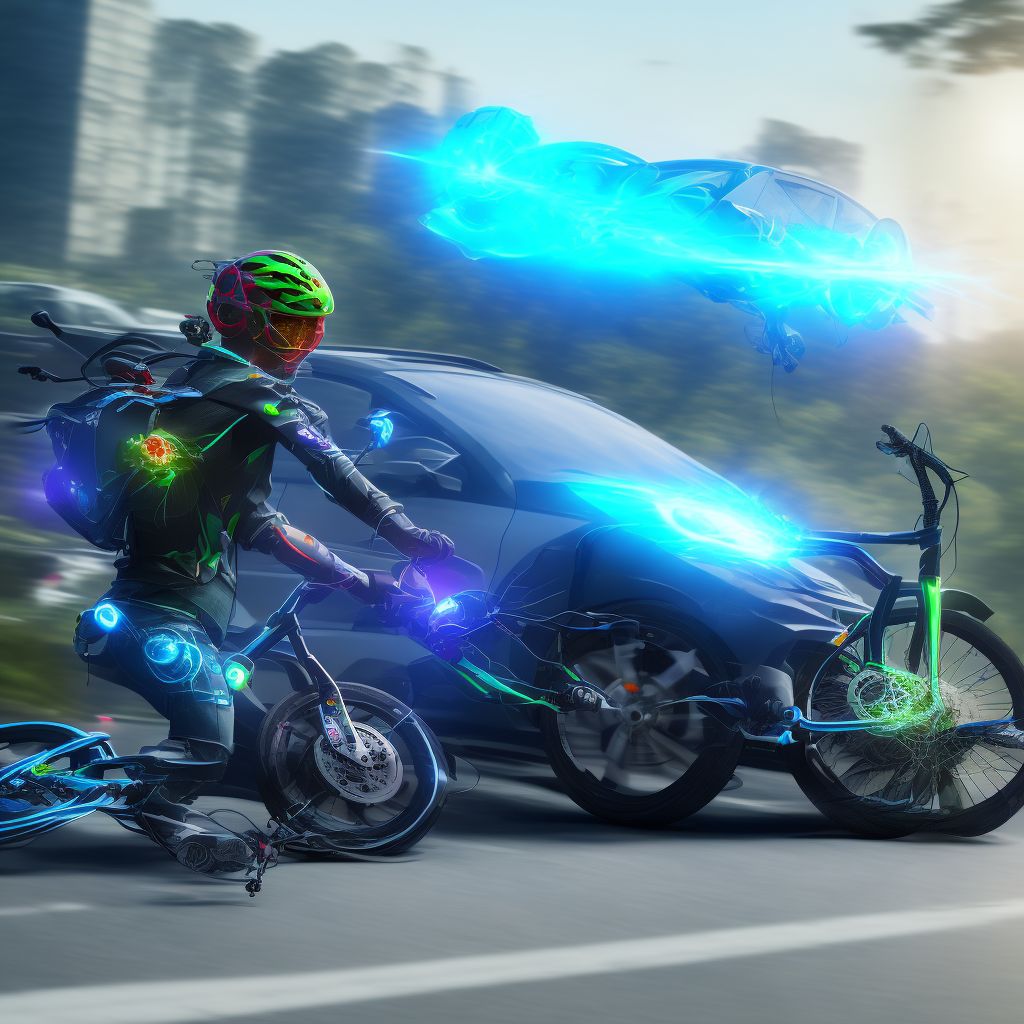 Unspecified electric (assisted) bicycle rider injured in collision with two- or three-wheeled motor vehicle in nontraffic accident, initial encounter digital illustration