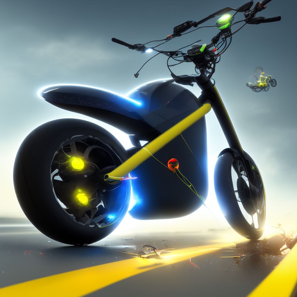 Unspecified electric (assisted) bicycle rider injured in collision with two- or three-wheeled motor vehicle in nontraffic accident, subsequent encounter digital illustration