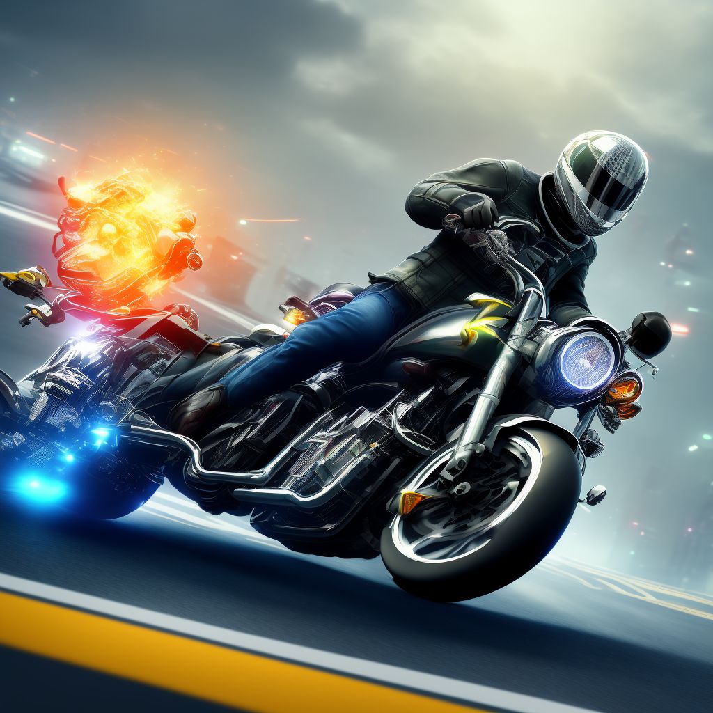 Unspecified motorcycle rider injured in collision with two- or three-wheeled motor vehicle in nontraffic accident, sequela digital illustration