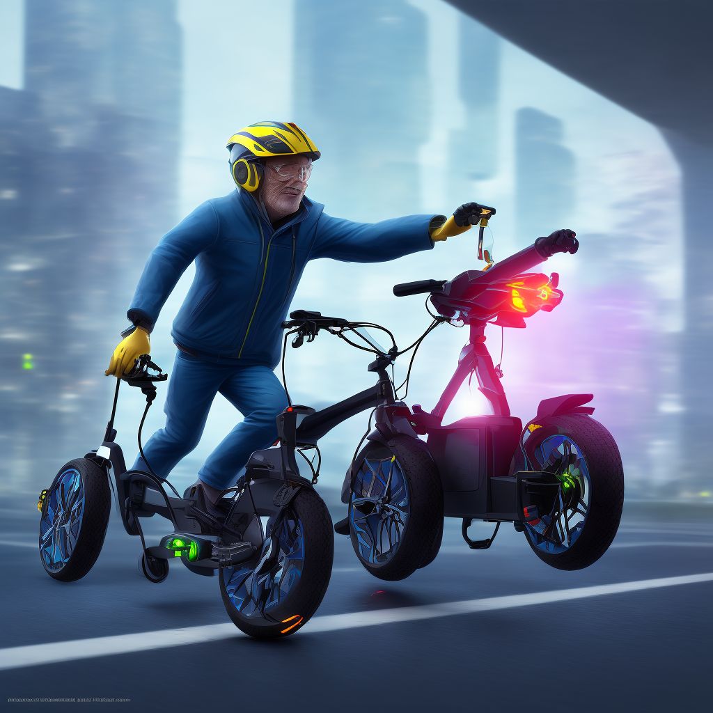 Person boarding or alighting an electric (assisted) bicycle injured in collision with two- or three-wheeled motor vehicle, initial encounter digital illustration