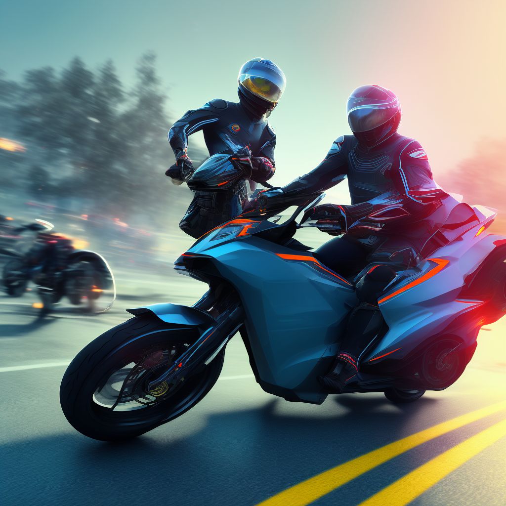 Person boarding or alighting other motorcycle injured in collision with two- or three-wheeled motor vehicle, initial encounter digital illustration