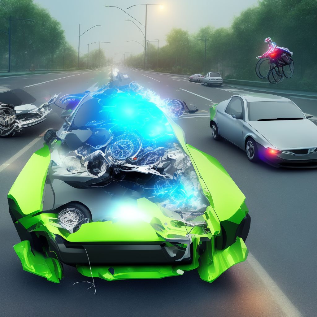 Electric (assisted) bicycle driver injured in collision with two- or three-wheeled motor vehicle in traffic accident, subsequent encounter digital illustration