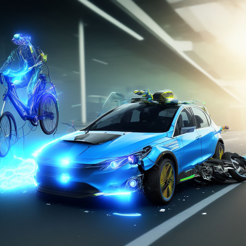 Electric (assisted) bicycle passenger injured in collision with two- or three-wheeled motor vehicle in traffic accident, sequela digital illustration