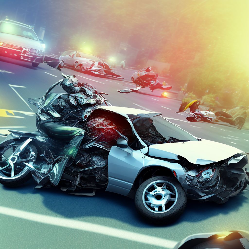 Motorcycle passenger injured in collision with two- or three-wheeled motor vehicle in traffic accident, subsequent encounter digital illustration