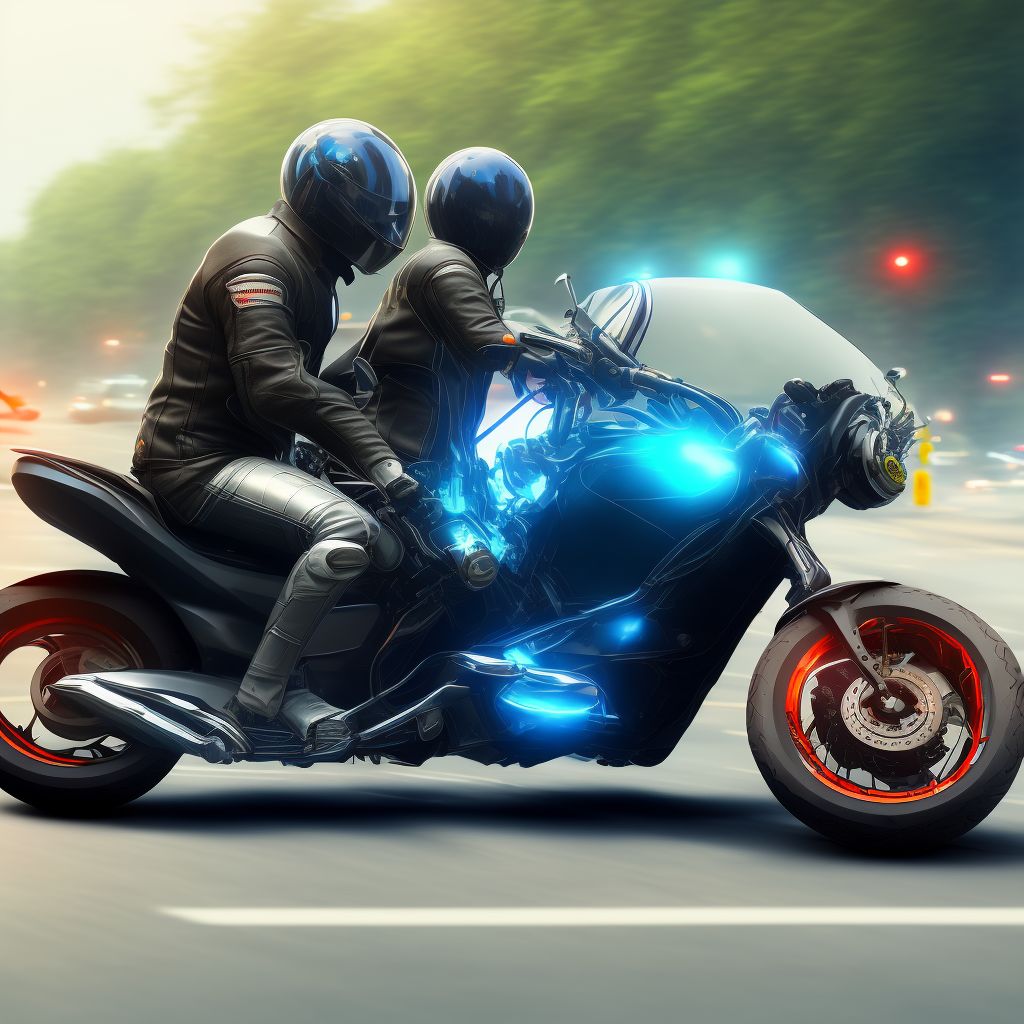 Motorcycle passenger injured in collision with two- or three-wheeled motor vehicle in traffic accident, sequela digital illustration