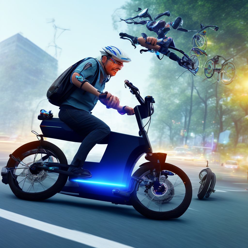 Unspecified electric (assisted) bicycle rider injured in collision with two- or three-wheeled motor vehicle in traffic accident, initial encounter digital illustration